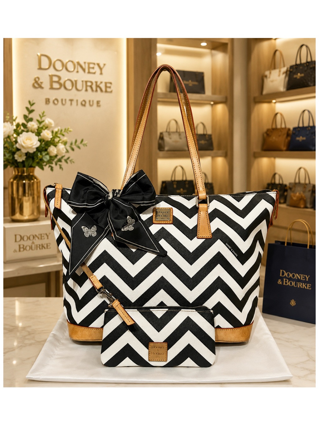 Dooney & Bourke. 4 Piece: Chevron Tote & Matching Pouch & Free Scarf & Dust Bag.